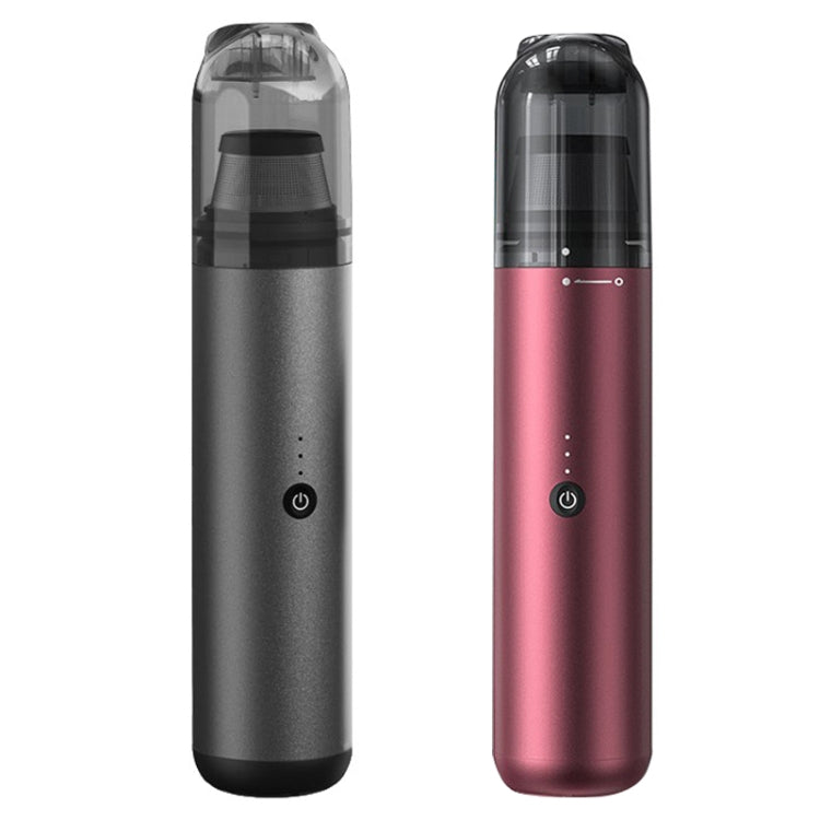 Handheld vacuum cleaner in dark gray and wine red with clear dust containers