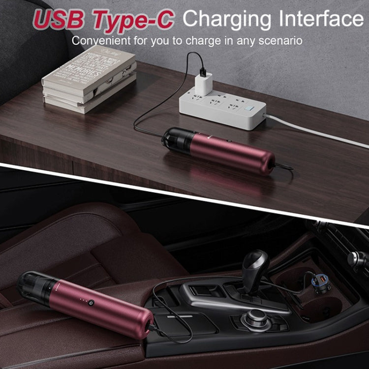 Wine red handheld vacuum cleaner with USB Type-C charging cable and base