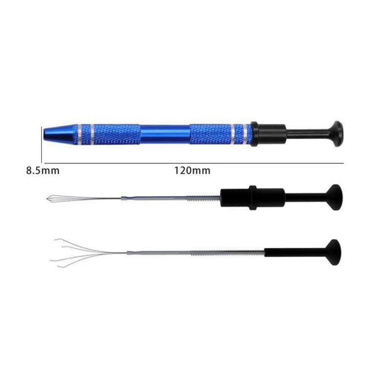 Blue IC chip picker tool with size diagram (8.5mm to 120mm) and spare tips