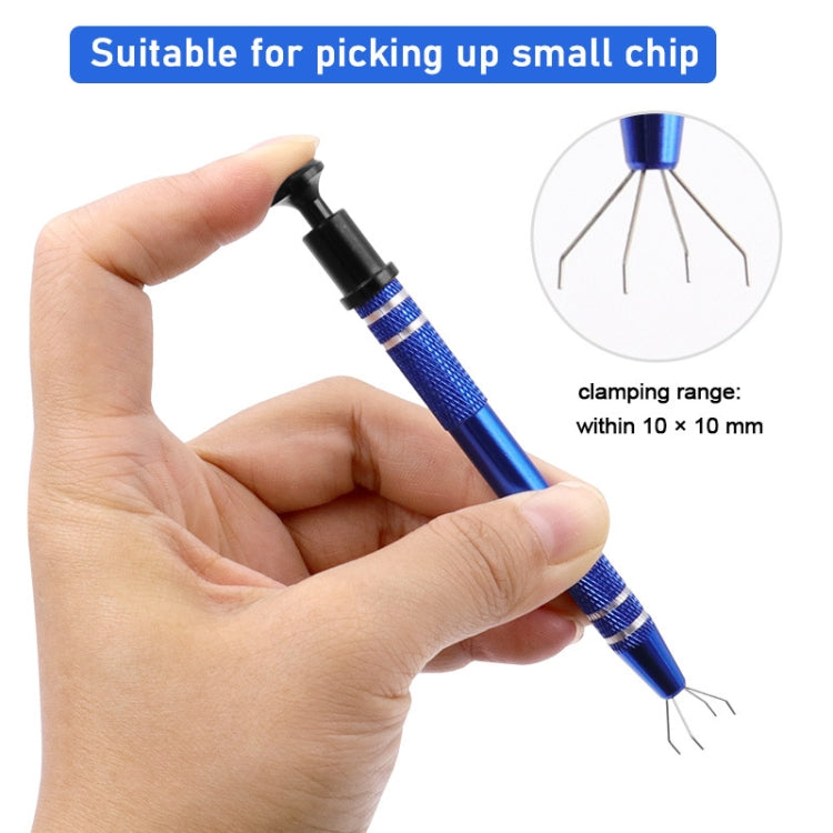 Blue IC chip picker tool held by hand for gripping small chips