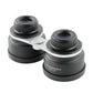 Two black binoculars with eyecups and center hinge, silver strap bar