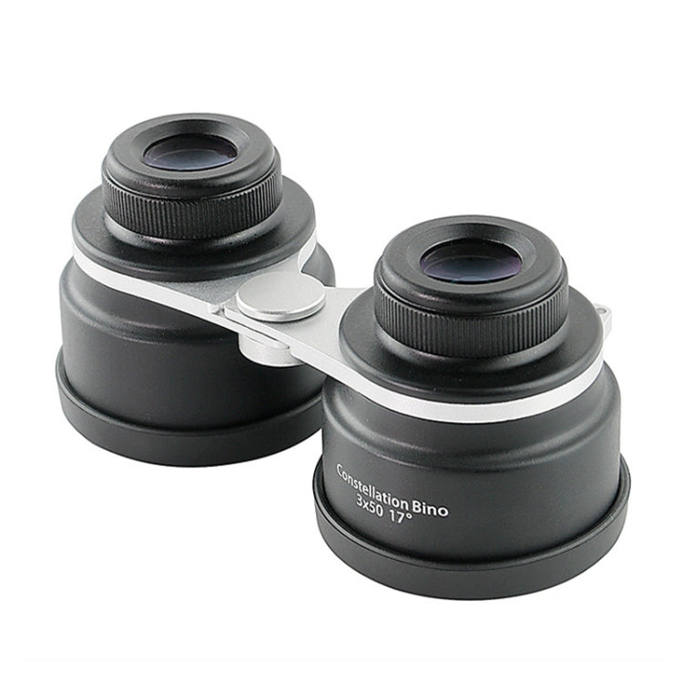 Two black binoculars with eyecups and center hinge, silver strap bar