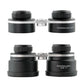 Compact binoculars shown from front and back angles, black with silver hinge