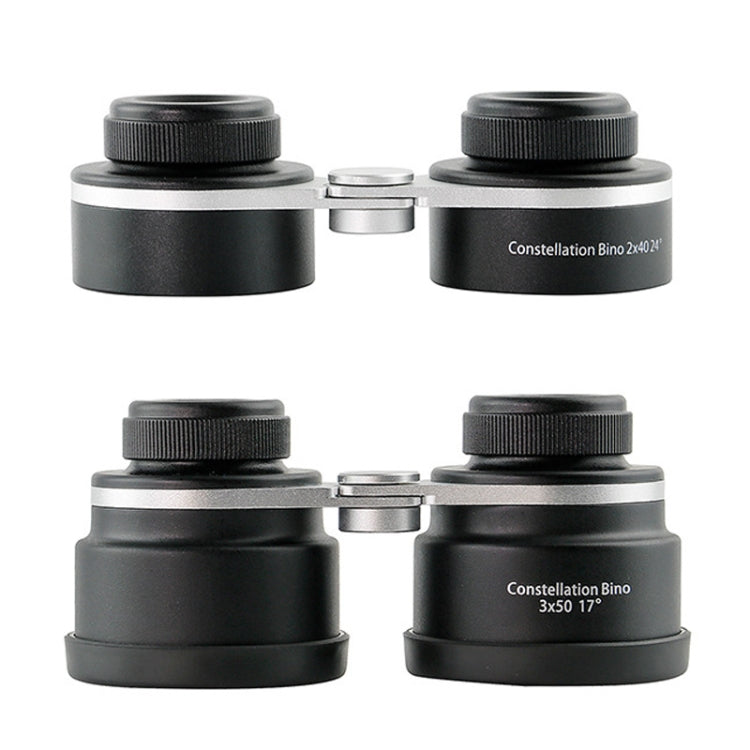 Compact binoculars shown from front and back angles, black with silver hinge