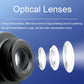 Close-up of black optical lens and textured eyepiece rings on binoculars