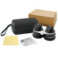 Portable binoculars set with black zip case, cleaning cloth, and accessories