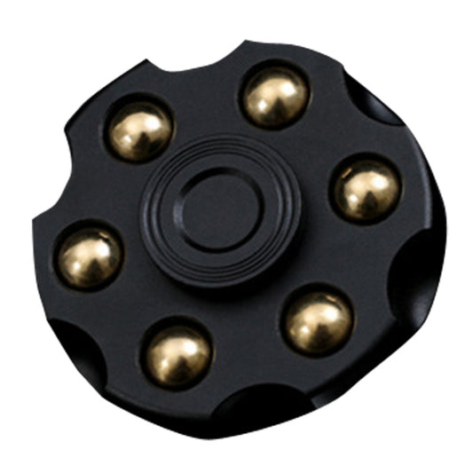 Black revolver-style fingertip spinner clip with ridged center and metallic studs