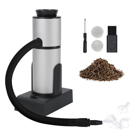 Handheld smoke maker with stainless cylinder, black base, curved hose and accessories