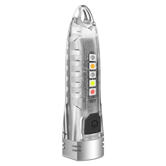 Mini keychain lantern flashlight, transparent white body with LED indicators and side power button.