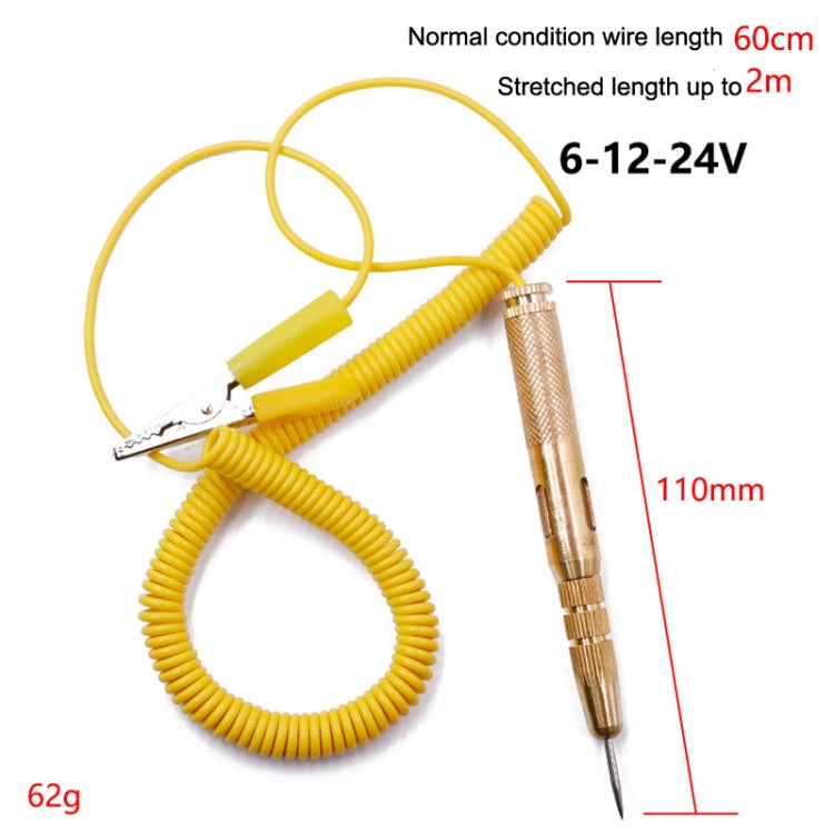 Auto voltage test pen with yellow coiled wire, metal probe, 6–12–24V range