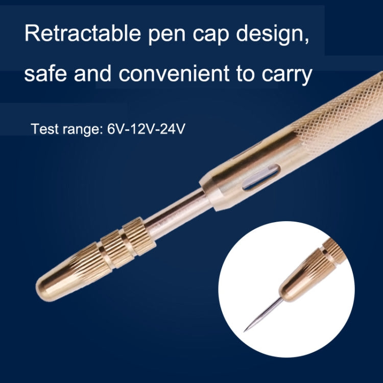 Retractable LED car test pen with clear cap and pointed metal tip, yellow wire