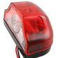Close-up of a red LED license plate lamp with black base and side wiring hole