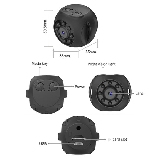 WK10 black mini camera with lens, night-vision lights, USB port, and TF card slot