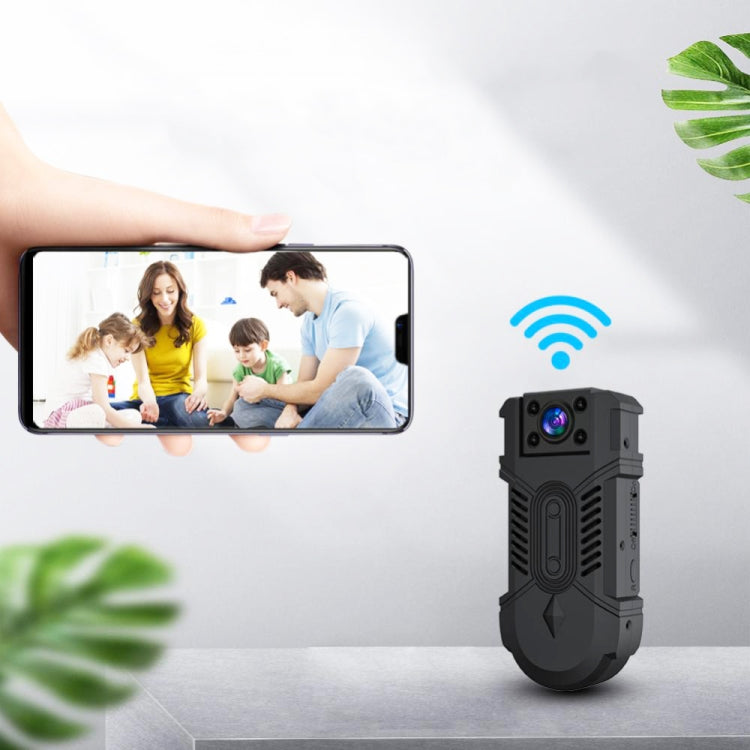 Black portable wireless security camera beside a smartphone live-view screen.