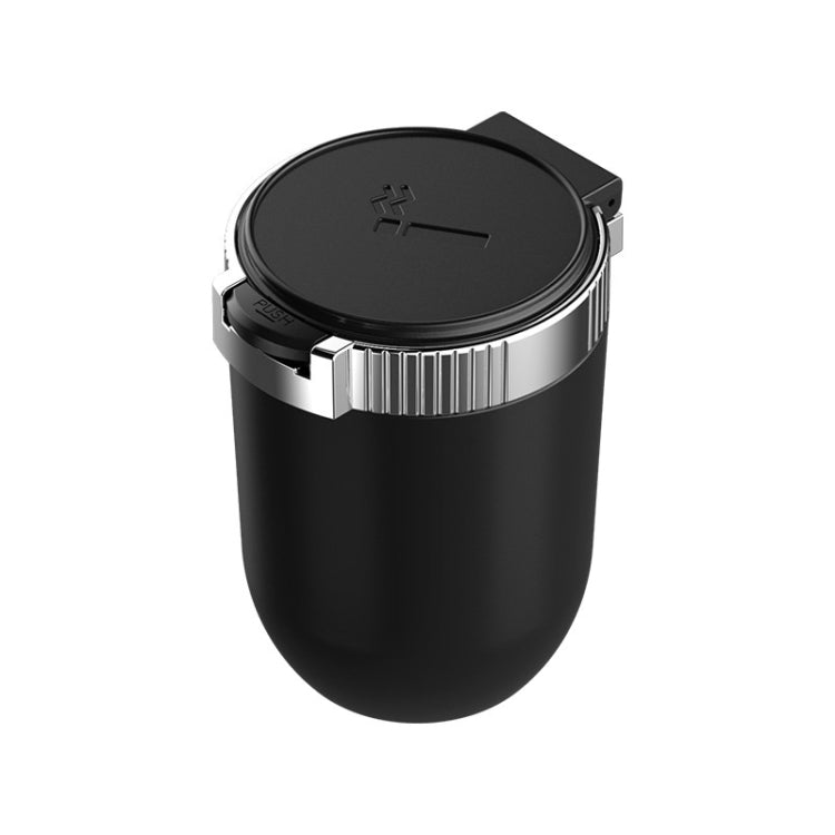 Car ashtray with hinged cover, black body and silver ring, covered top with icon