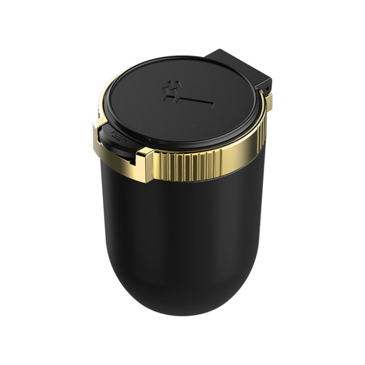 Car ashtray with hinged cover, black body and gold ring, covered top with icon