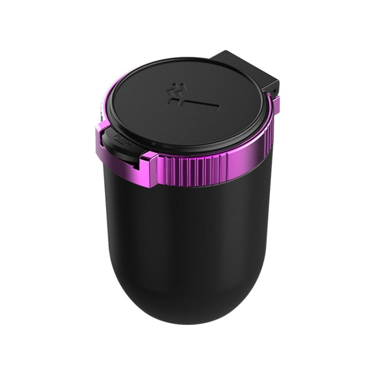 Car ashtray with hinged cover, black body and purple ring, covered top with icon