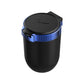 Car ashtray with hinged cover, black body and blue ring, covered top with icon