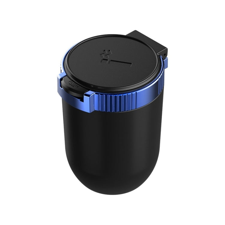 Car ashtray with hinged cover, black body and blue ring, covered top with icon