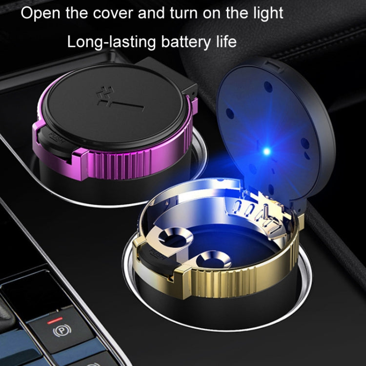 Car ashtray with LED light in open cover, black body with purple and gold accents