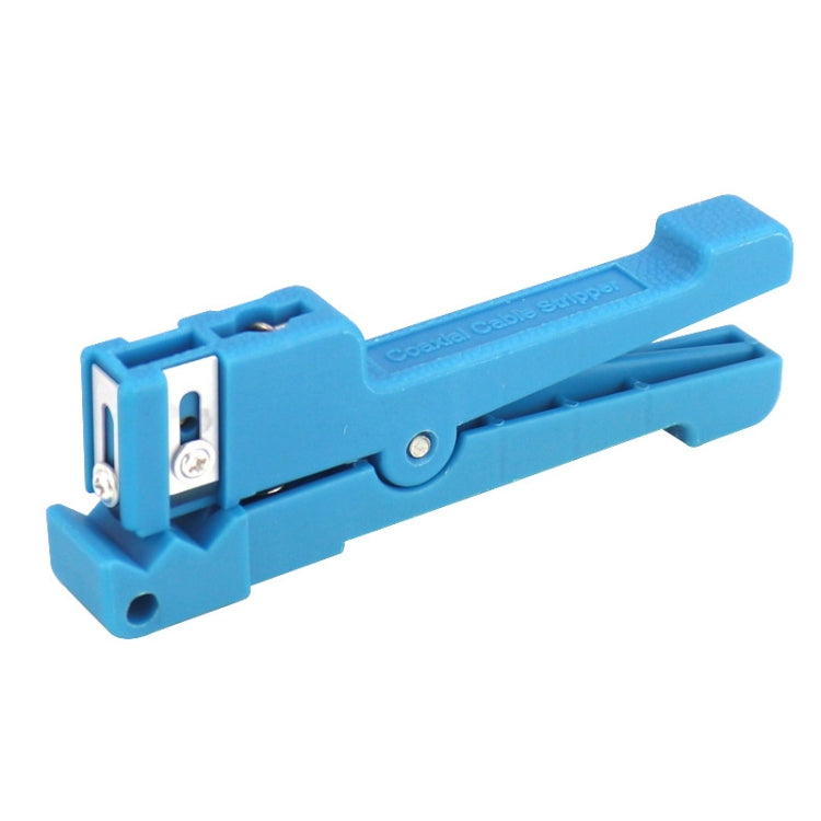 Blue horizontal cable stripper with adjustable stripping blade and metal cutting insert