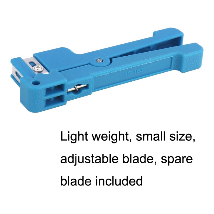 Blue horizontal cable stripper with blade housing and spare blade compartment