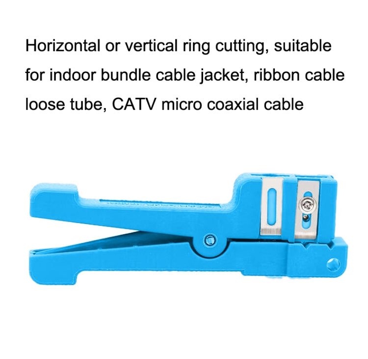 Blue cable stripper with open slot and side screw for blade adjustment