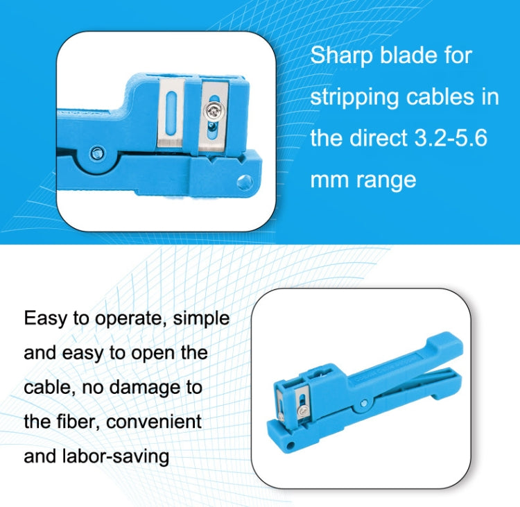 Blue cable stripper close-up showing dual blade openings in housing