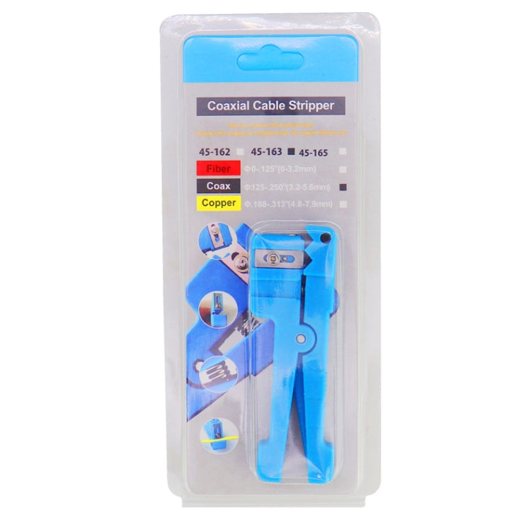 Blue coaxial cable stripper in clear blister pack with spare blades