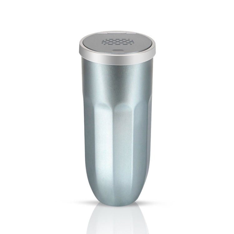 Car cup holder trash can with aroma diffuser, silver-blue metal body and silver top lid
