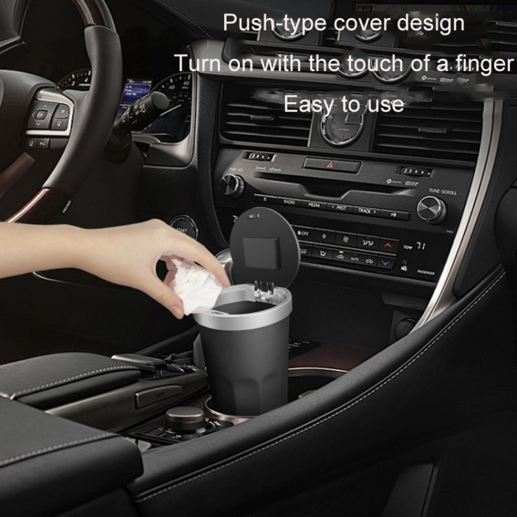 Black car cup holder trash can with aroma diffuser, open lid and removable inner bin