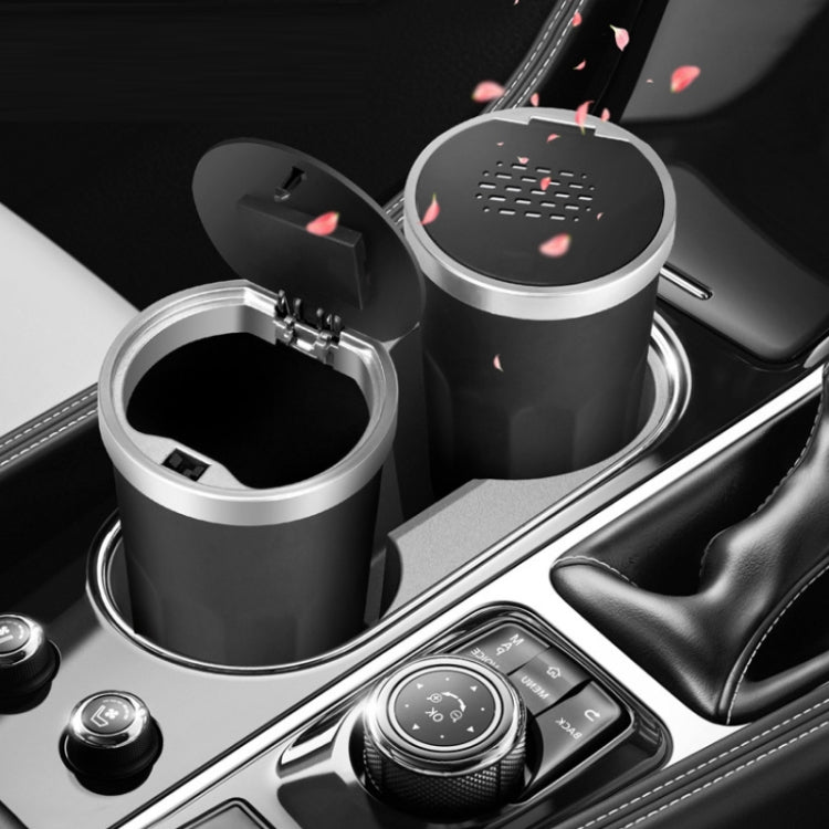 Two black car cup holder trash cans with aroma diffusers, perforated silver top lids
