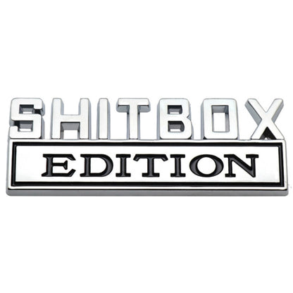 Rear car badge plate set with silver SHITBOX and white EDITION lettering