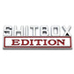 Rear car badge plate with SHITBOX text and EDITION label in red outline