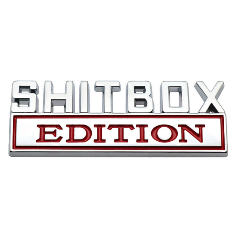 Rear car badge plate with SHITBOX text and EDITION label in red outline