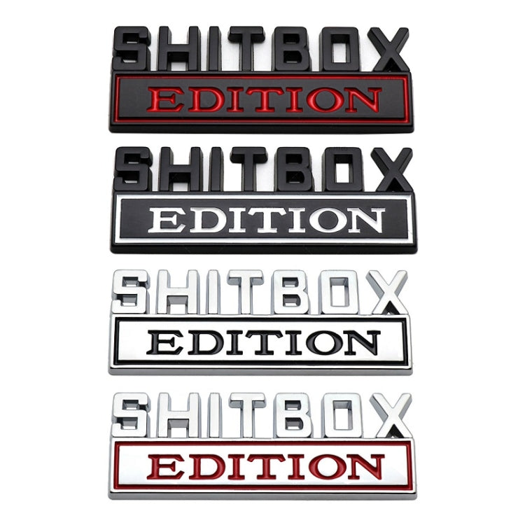 Set of 5 rear badge plates showing SHITBOX and EDITION in mixed colors