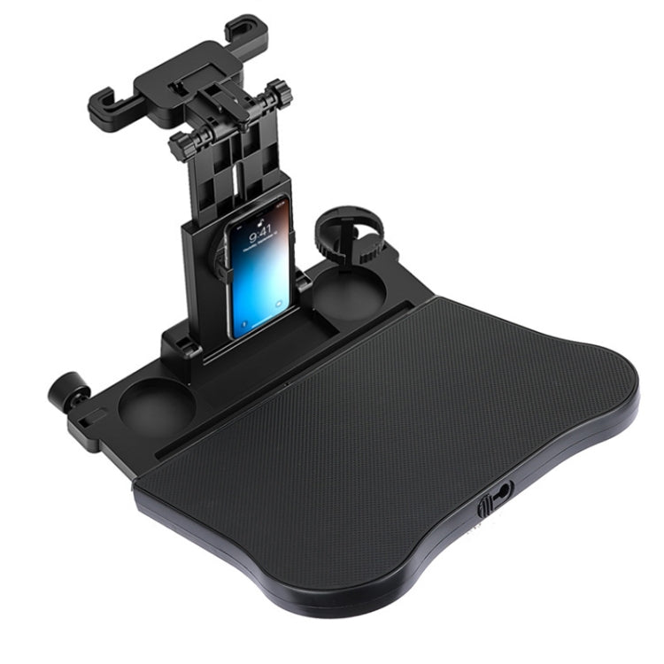 Adjustable car seat back tray with cup holders and phone/tablet stand, black