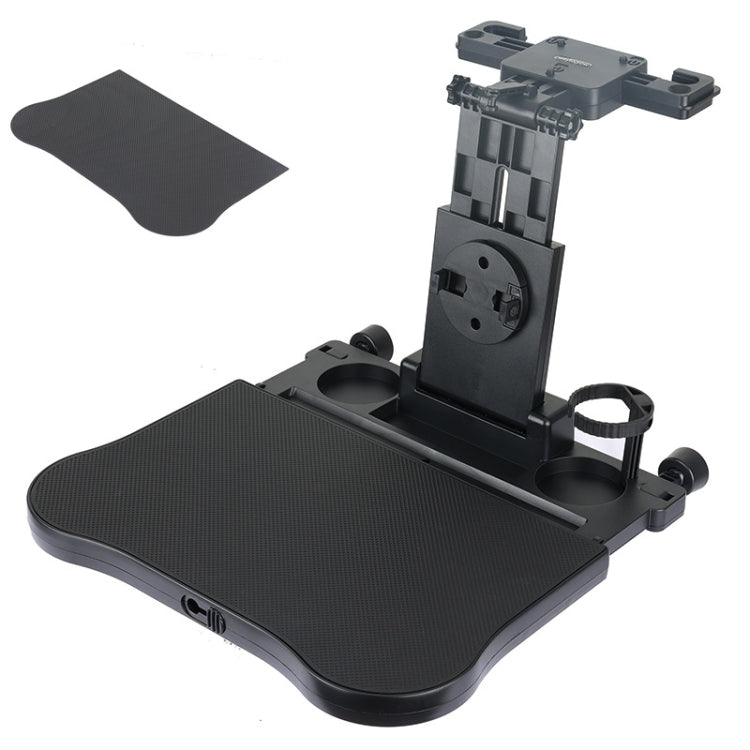 Multifunction car seat back tray with cup holders and mounting bracket, black