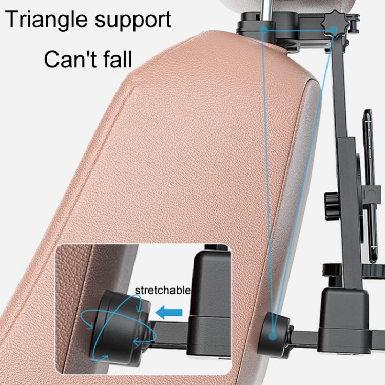 Car seat back tray mount with secure, stretchable support and upright stand