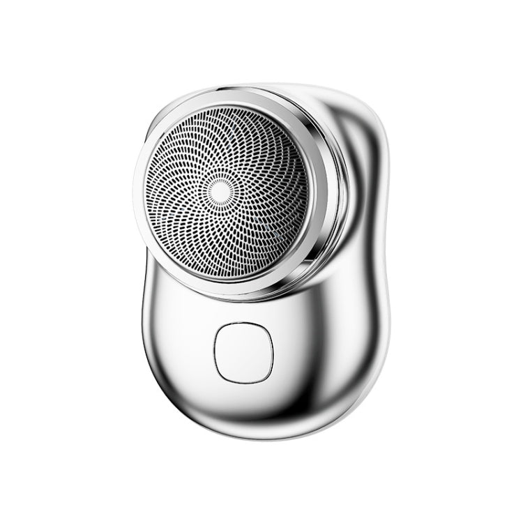 Electric mini shaver with round mesh head and power button, silver