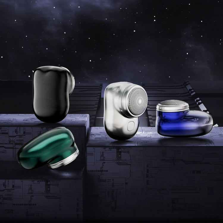 Electric mini shaver with round mesh head, plus travel caps in frame