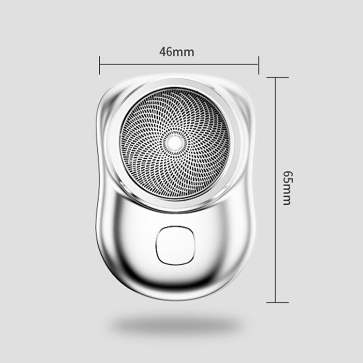 Electric mini shaver size diagram, 46mm wide and 65mm tall, silver