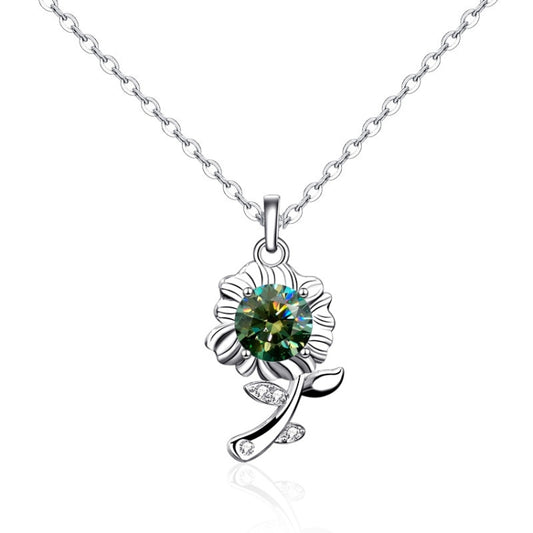 Silver sunflower pendant necklace with green round gemstone and leaf-shaped accents