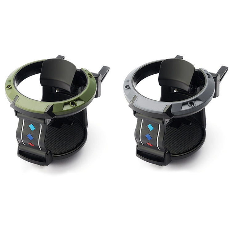 Car cup holder accessory in green and gray, black cup ring and base
