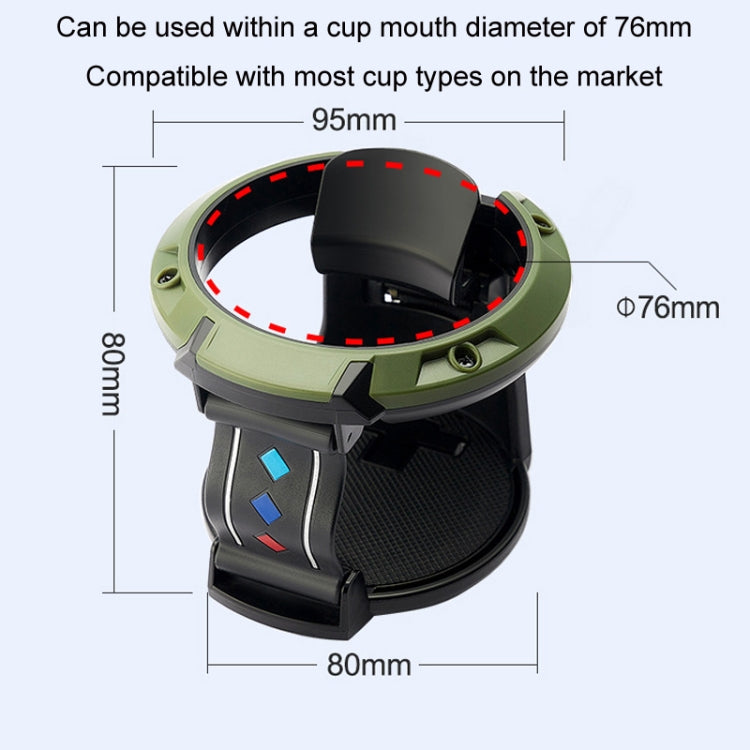 Car cup holder bracket with green outer ring, black clamp insert, and foot