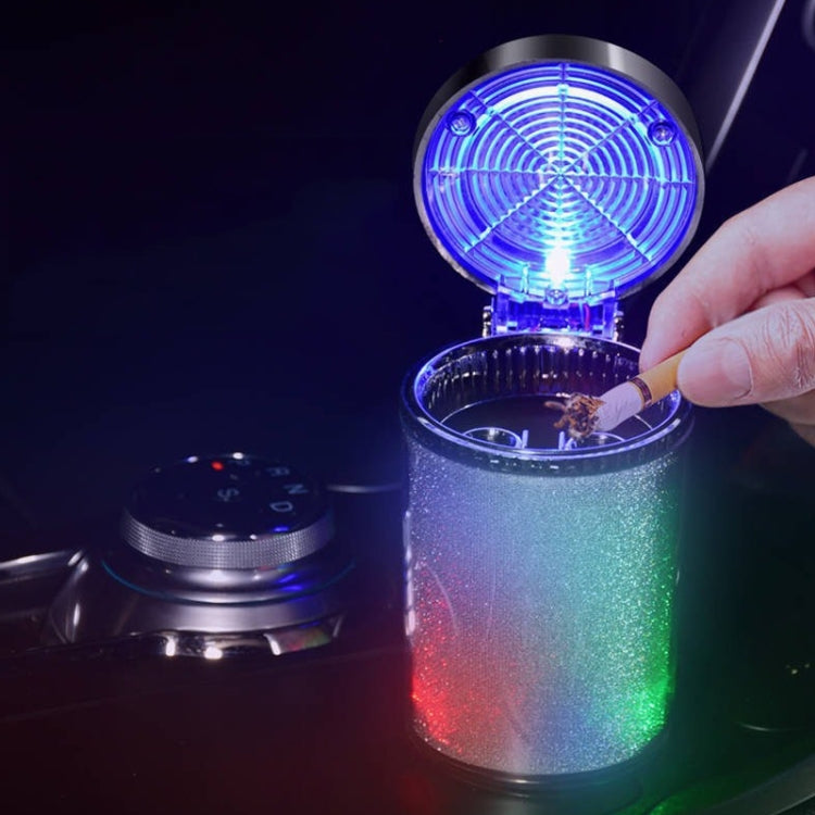 Car LED ashtray with open clamshell cover, glitter silver cup and blue glow