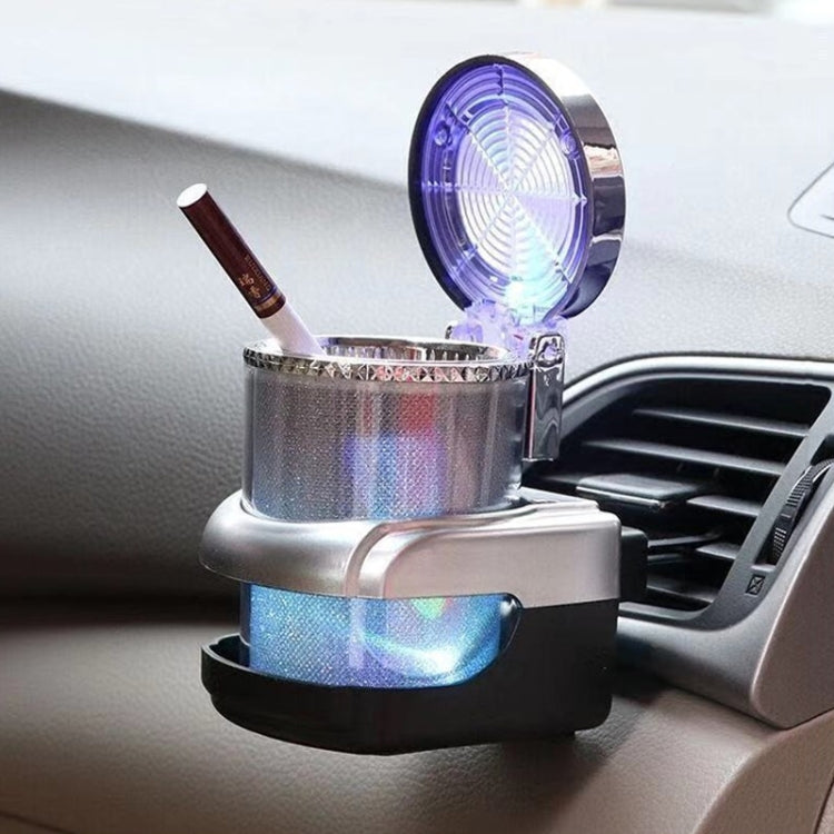Car LED ashtray mounted near air vent, glitter cup with blue light on