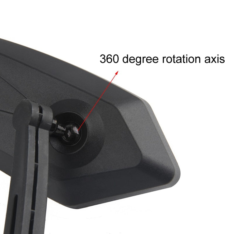 Mountain bike rearview mirror adjustment axis detail on reflective glass arm, black