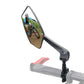 Mountain bike rearview mirror with reflective glass showing rider view, black frame