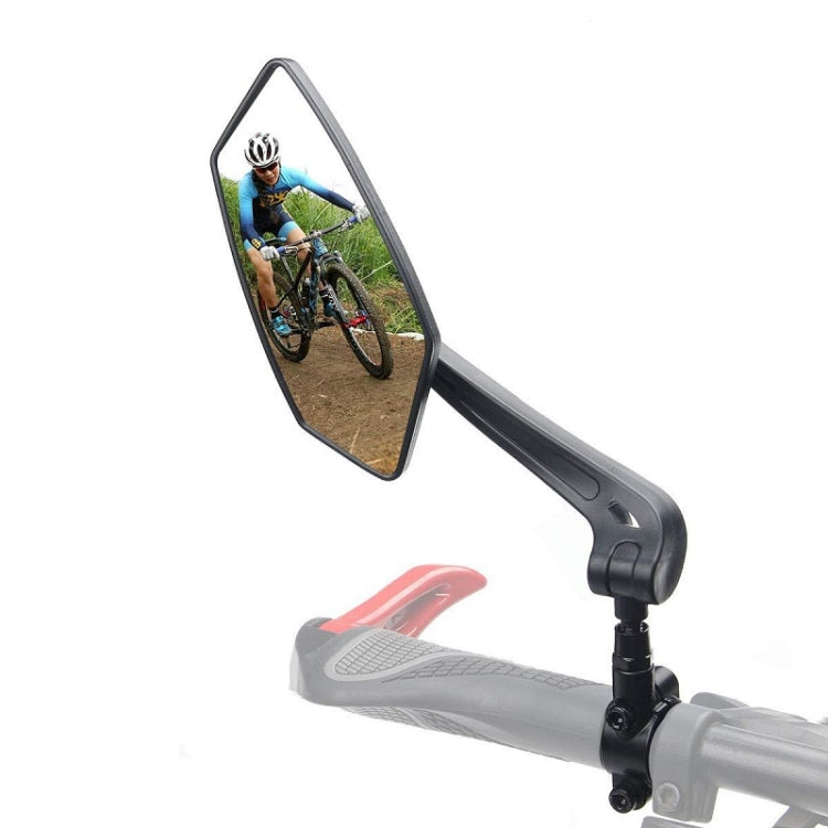 Mountain bike rearview mirror with reflective glass showing rider view, black frame